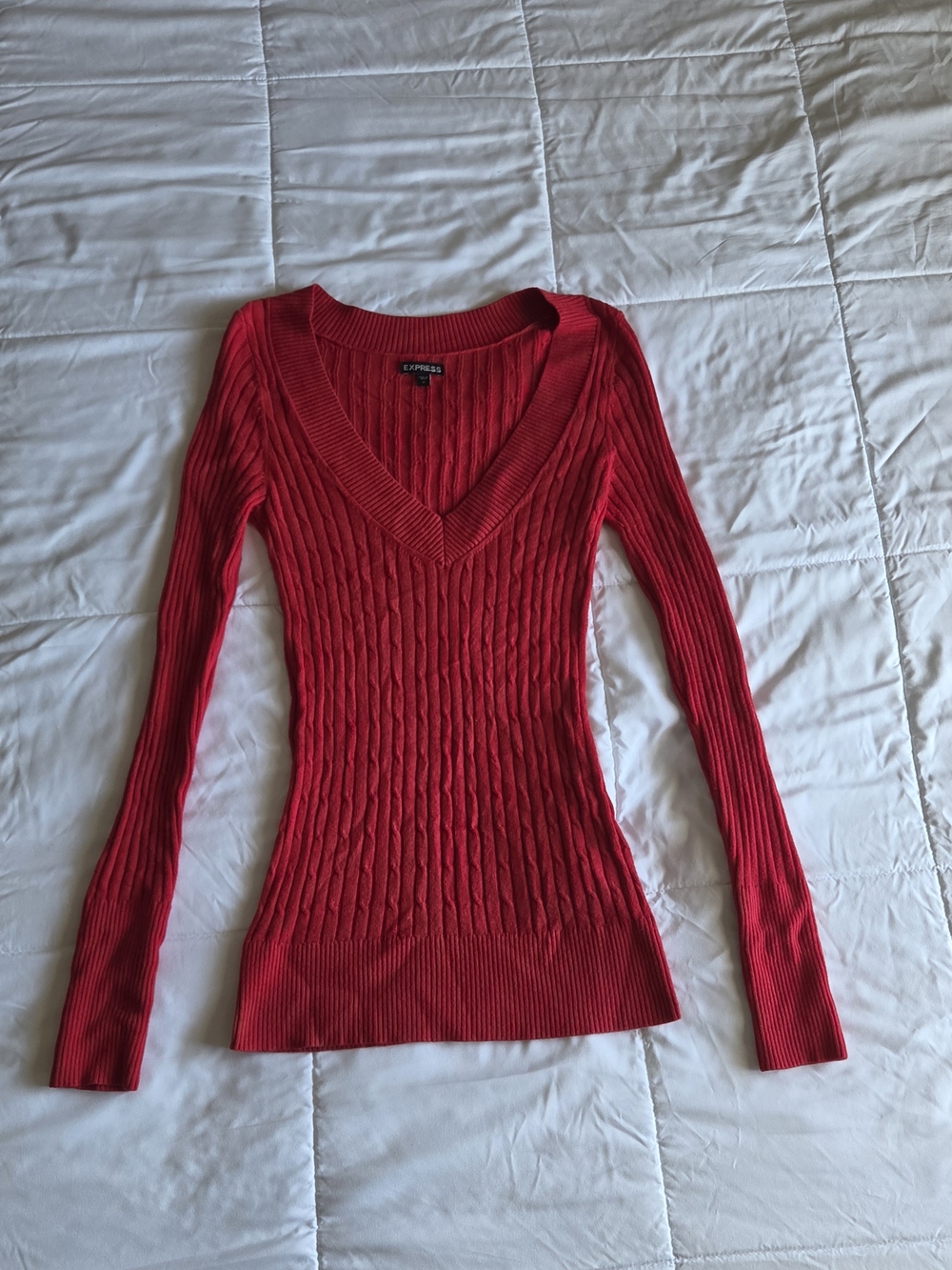 Express Red Cable Knit V-Neck Sweater